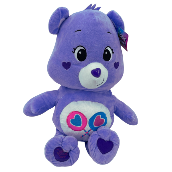 Lila-blaues Glücksbärchen-Plüschtier mit Herz-Details und Symbol-Bauchmotiv, sitzend ca. 44 cm